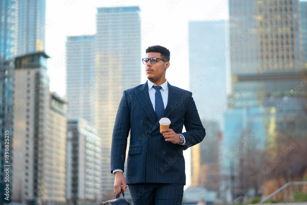 Fototapeta premium A black man in a suit stands in an urban area holding a coffee cup. He looks around as tall buildings surround him. It is a sunny day and he seems focused on his day ahead.
