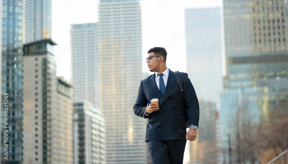Fototapeta premium A businessman walks along a city street holding a cup of coffee. Tall buildings surround him as he moves forward with purpose. The scene shows a busy urban environment.
