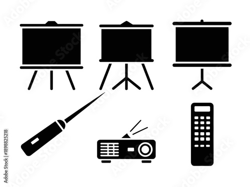 Essential components for a presentation setup with projector and remote controls isolated on white background, Vector, illustration