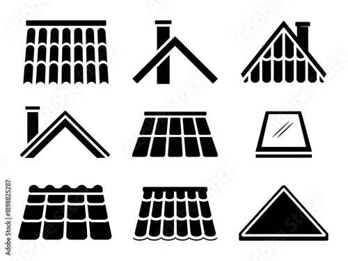 Various roof and geometric shapes in black and white silhouette style designs. isolated on white background, Vector, illustration