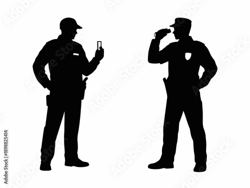 Two officers using different communication devices on duty isolated on white background, Vector, illustration