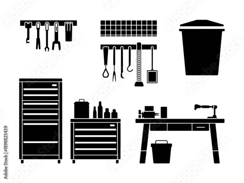 Organized workshop with various tools and equipment on a workbench isolated on white background, Vector, illustration