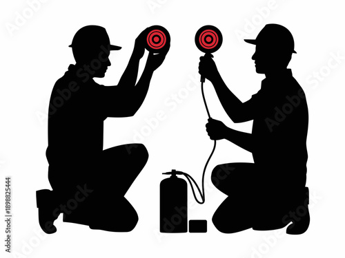 Two technicians inspecting and testing electrical components together outdoors. isolated on white background, Vector, illustration