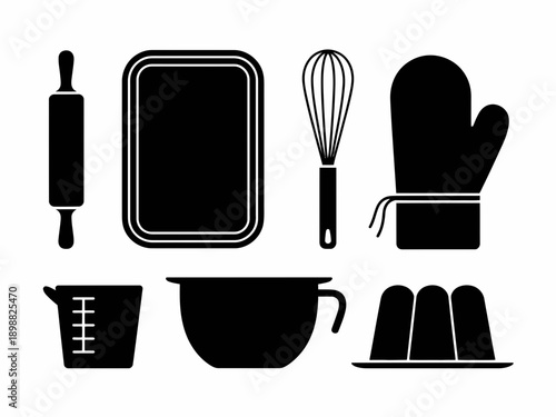 Essential kitchen tools and utensils for baking and cooking isolated on white background, Vector, illustration
