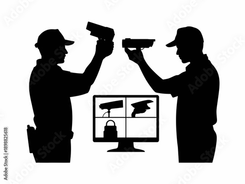 Two officers using a handheld device to monitor surveillance footage in a control room isolated on white background, Vector, illustration