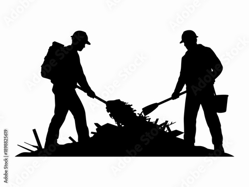 Two silhouetted individuals tending to a fire or bonfire in a natural setting. isolated on white background, Vector, illustration