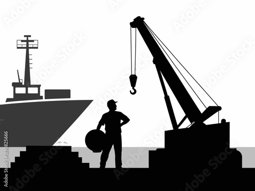 Worker operating a crane near a docked ship for loading or unloading tasks isolated on white background, Vector, illustration