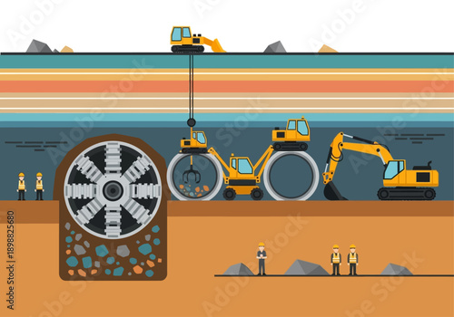 Underground Tunnel Construction with Tunnel Boring Machine and Excavators