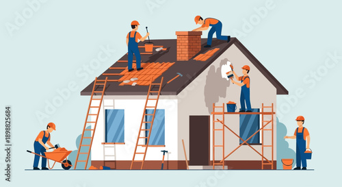 Skilled construction team diligently building and renovating a modern residential house, showcasing craftsmanship, collaborative home improvement, and property development