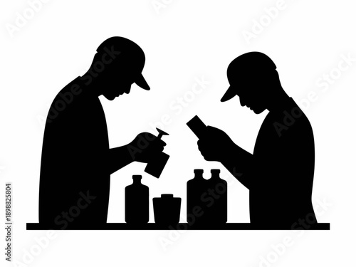 Two silhouetted figures sharing a meal in a casual outdoor setting with drinks and snacks. isolated on white background, Vector, illustration