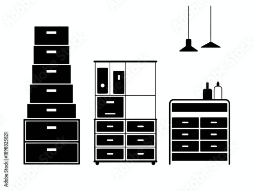 Modern black and white minimalist furniture set in a living space arrangement isolated on white background, Vector, illustration