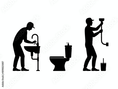 Two plumbers attending to different bathroom fixtures in a repair scenario isolated on white background, Vector, illustration