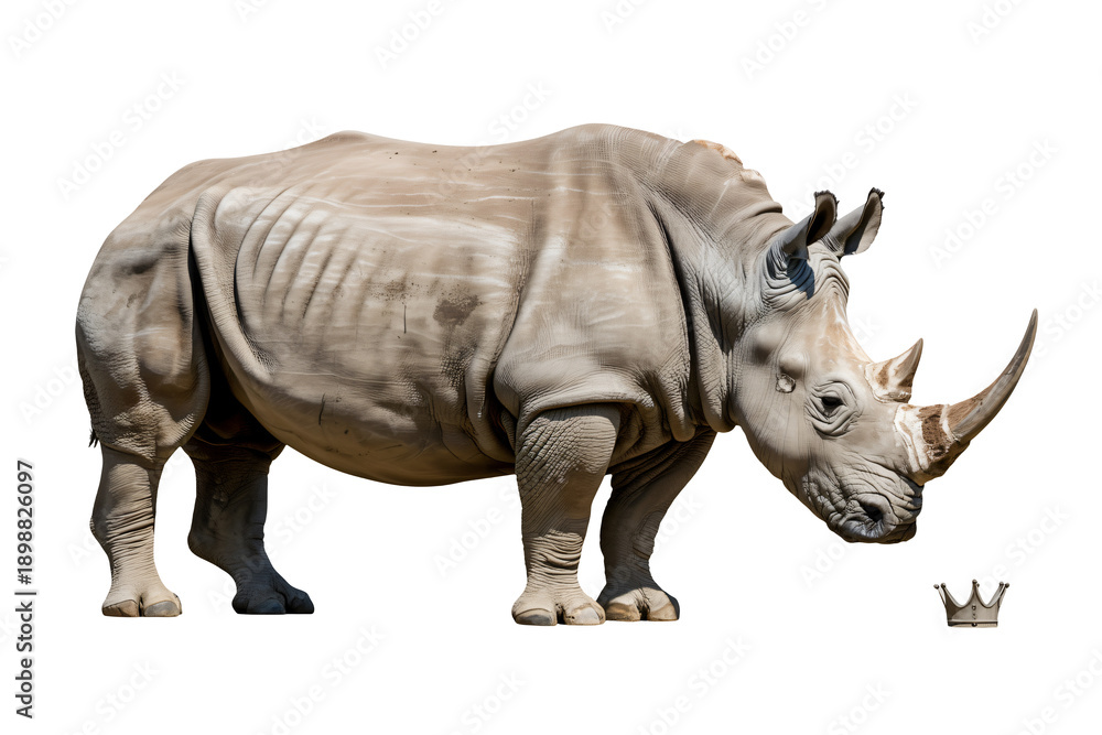 Fototapeta premium Rhinoceros with crown in majestic wildlife photography with studio lighting on isolated white background for conservation awareness