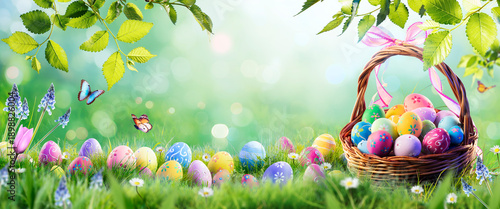 Easter Eggs In Basket On Grass In Spring Green Garden