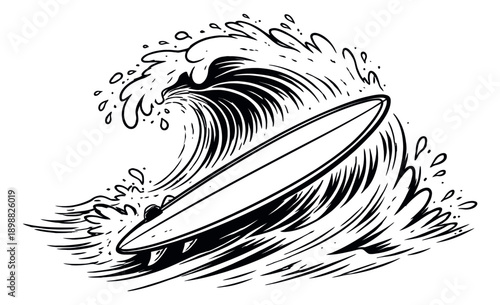 Hand drawn line art illustration of a surfboard depicting a surfing wave for summer beach sports