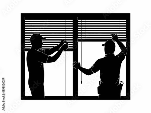 Two workers installing or repairing horizontal window blinds together. isolated on white background, Vector, illustration