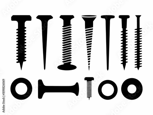 Assorted black metal fasteners including screws, bolts, and nuts in various sizes and designs isolated on white background, Vector, illustration