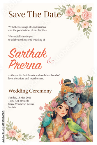 Traditional Royal Wedding Invitation card design with krishna and radha illustration