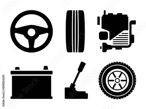 Essential components of a vehicle's mechanical and electrical systems isolated on white background, Vector, illustration