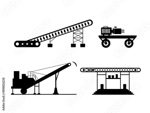 Four types of heavy construction and material handling equipment in black and white isolated on white background, Vector, illustration
