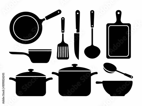 Collection of essential kitchen cooking utensils and cookware in black and white isolated on white background, Vector, illustration