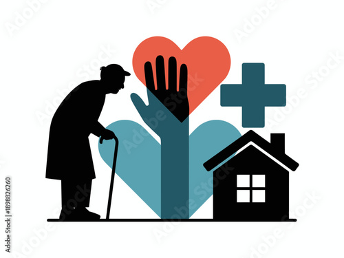 Elderly care and support symbolized by health and home isolated on white background, Vector, illustration