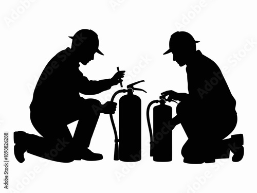 Two workers attending to a fire extinguisher during an inspection or training session isolated on white background, Vector, illustration