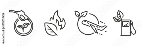 eco fuel icons, bio fuel pump station, sustainable aviation fuel, leaf with fire, ecological fuel, linear icon 