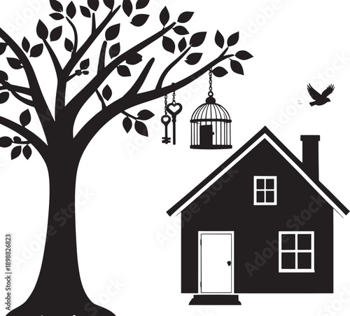 Black silhouette of a tree with a birdcage, key, and flying bird above a house