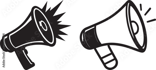 Set of two black silhouette megaphones, one with sound waves emanating