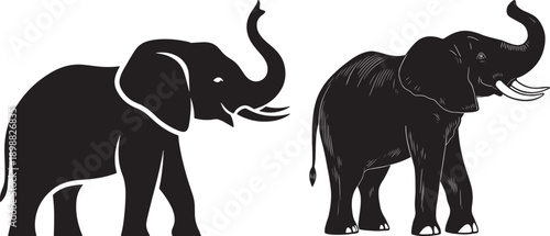 Two black silhouette elephants, one stylized, one detailed, with trunks raised