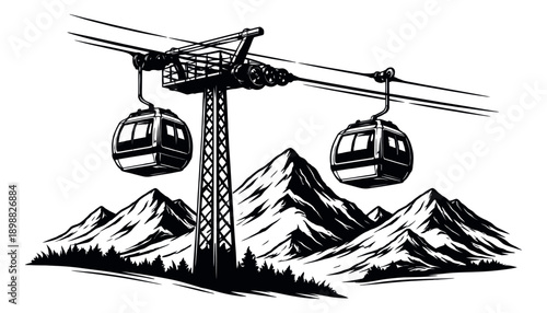 Hand drawn line art illustration of a gondola lift depicting a mountain landscape for ski resorts and winter recreation