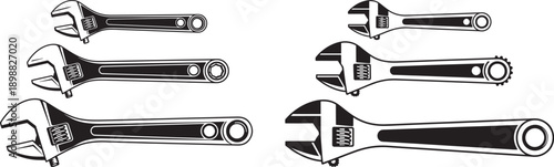 Adjustable wrench tools in a clean black and white vector style, showing different angles and sizes for technical or DIY concepts.