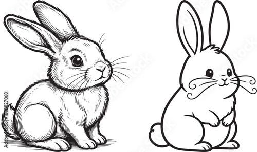 Two contrasting rabbit illustrations: one detailed and realistic, the other a simplified cute cartoon style.