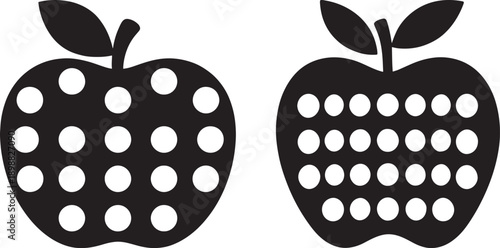 Two stylized apples with polka dot patterns in black and white, representing healthy food or simple design elements.