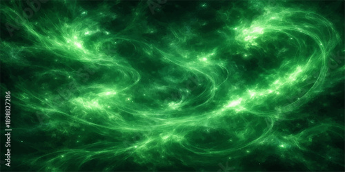 An abstract green and blue fractal background features a glowing electrical pattern of seamless digital cells and energy motion to create a powerful lightning texture design for wallpaper