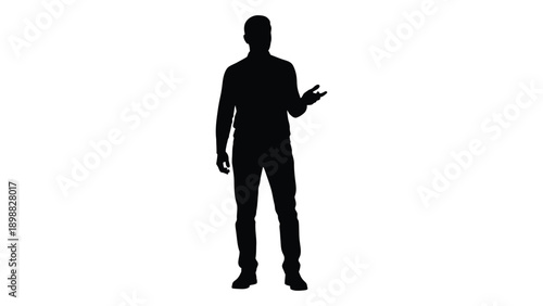 A black silhouette of a man gesturing with his hand presenting or explaining