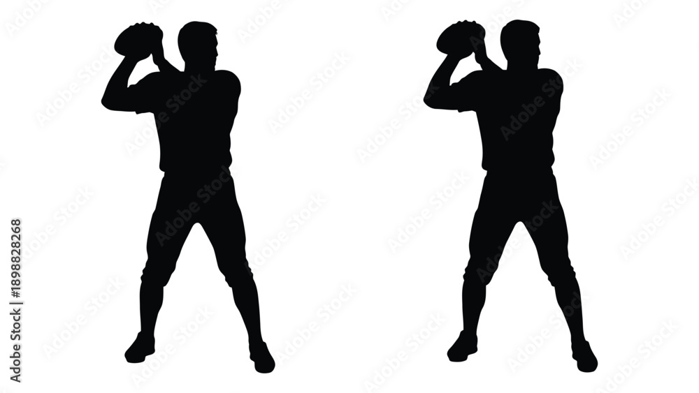 Fototapeta premium Two silhouettes of athletes preparing to throw a football side by side