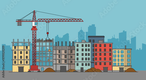 Dynamic urban construction project showcasing modern buildings in various stages of development, with a prominent red crane actively shaping the cityscape against a clear sky