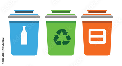 Recycling Bins: Blue for Glass, Green for General Waste, Orange for Paper