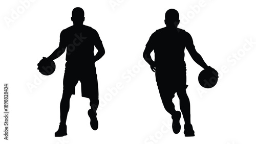 Two basketball players depicted as silhouettes each holding a basketball