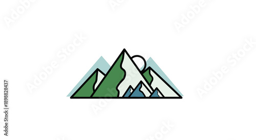 Stylized illustration of a mountain range with green and white peaks.