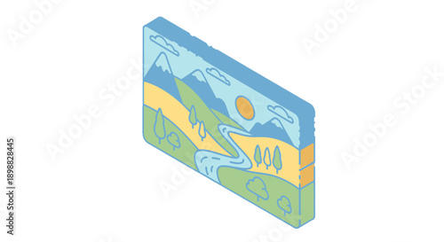3D illustration of a layered earth with mountains and sun.