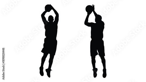 Two silhouetted basketball players are depicted mid jump preparing to shoot or rebound