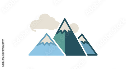 Stylized illustration of three mountains with snow caps and a cloud.