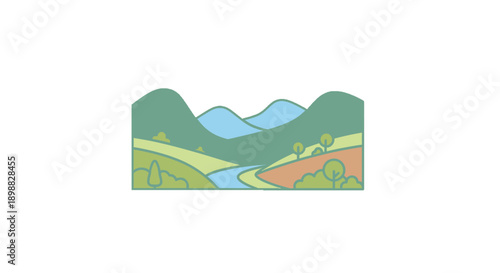 Serene landscape with rolling hills and a winding river.