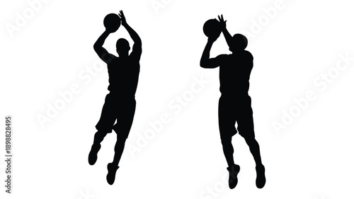 Two basketball players depicted in silhouette preparing to shoot or pass
