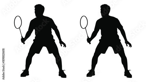 Two badminton players in silhouette poised for a rally on a white background
