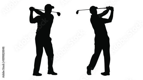 Silhouettes of two golfers in mid swing demonstrating different golf stances