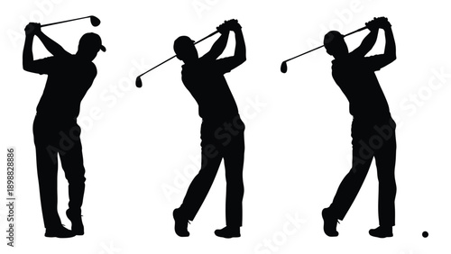 Silhouettes of a golfer in three stages of a swing against a white background